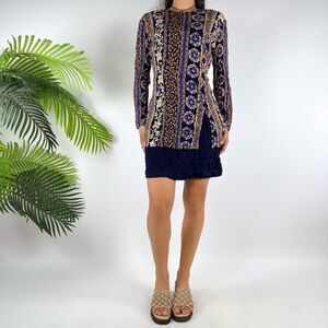 Vintage 90s Navy Floral Patchwork Fairycore Boho Long Sleeve Mini Dress / 5/6